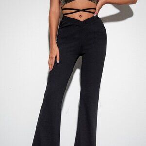 Black Crisscross Tie Back Overlap Waist Flare leg Pants